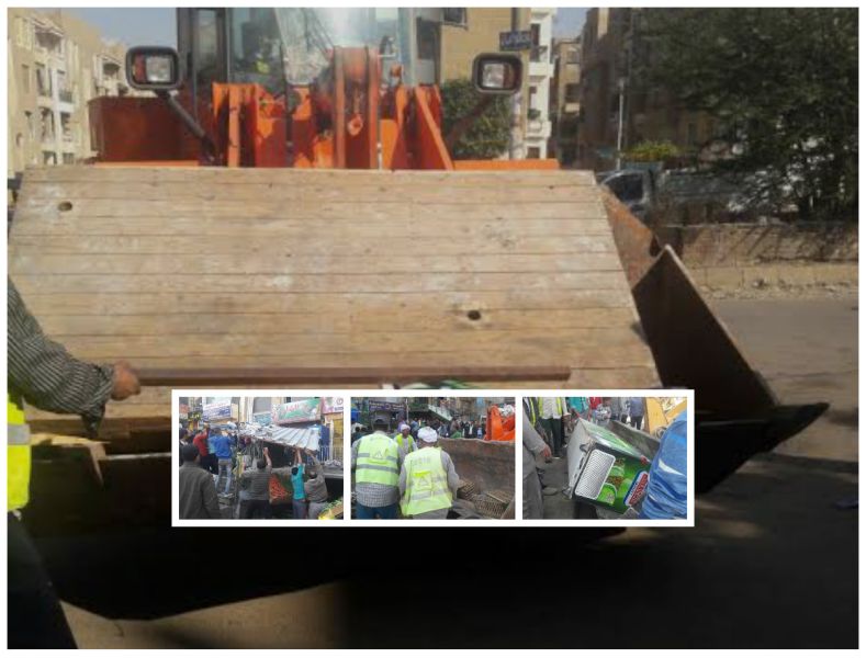 بالصور..حملة موسعة لإزالة إشغالات الطرق والأرصفة  بـ«العبور»